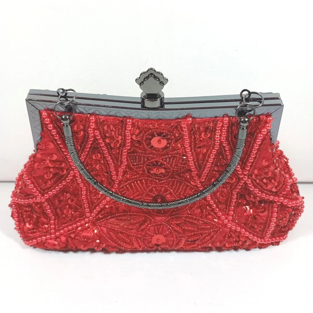 Red Beaded Sequin Evening Clutch Bag Gunmetal Hardware Floral Vintage Style